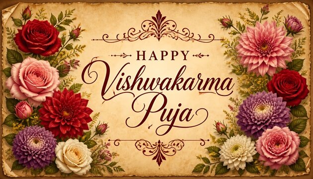 Happy Vishwakarma Puja Floral Greeting Card with Elegant Flower Border on Marble Background