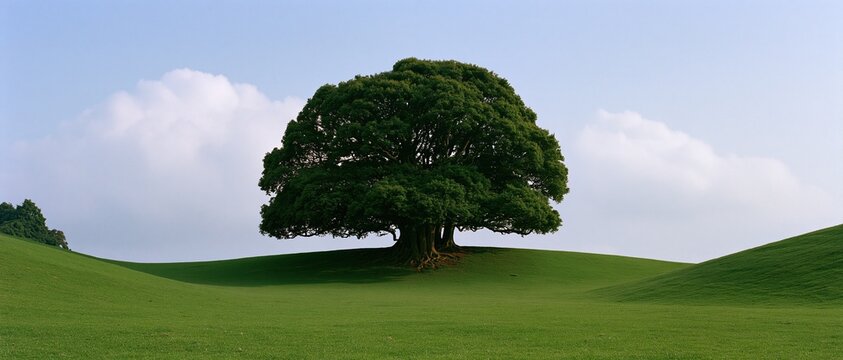 Large majestic old green tree standing alone on rolling green grass hill under light blue sky with soft white clouds peaceful natural landscape