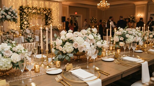 Beautiful wedding reception setup with long wooden tables, white flower centerpieces, tall candles, gold tableware, folded napkins, chandeliers, and warm elegant venue lighting for celebration