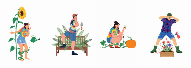 Fototapeta premium Funny illustrations of surprised gardeners in tie-dye shirts dealing with oversized, rapidly growing plants like sunflowers, pumpkins, and ferns.