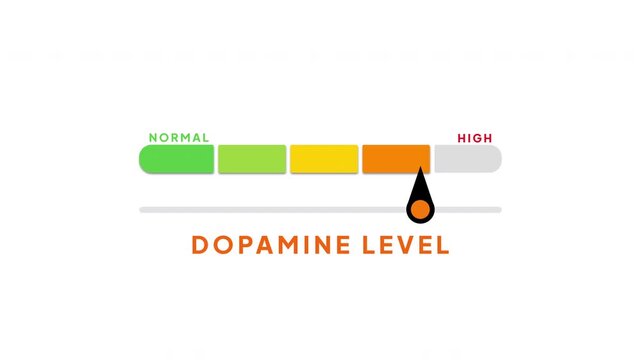 Dopamine Level Indicator Gauge Animation Showing Low to High Brain Chemical Meter for Mental Health, Mood and Neuroscience Concepts