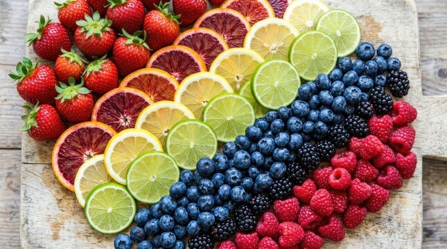 Fresh assorted fruits arranged in a vibrant rainbow pattern on a rustic light wooden cutting board