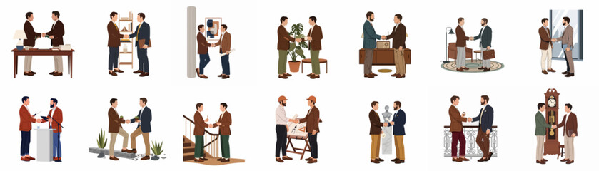 Obraz premium Flat vector illustration set of diverse businessmen shaking hands in various professional and casual settings, symbolizing partnership, agreement, and successful deals.