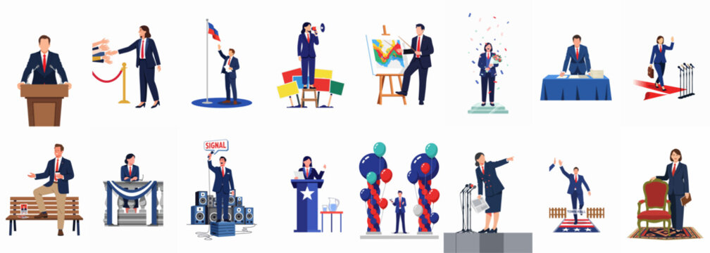 Diverse Set of Illustrations Depicting Politicians Engaged in Various Activities During an Election Campaign, Including Speeches, Rallies, and Public Events.
