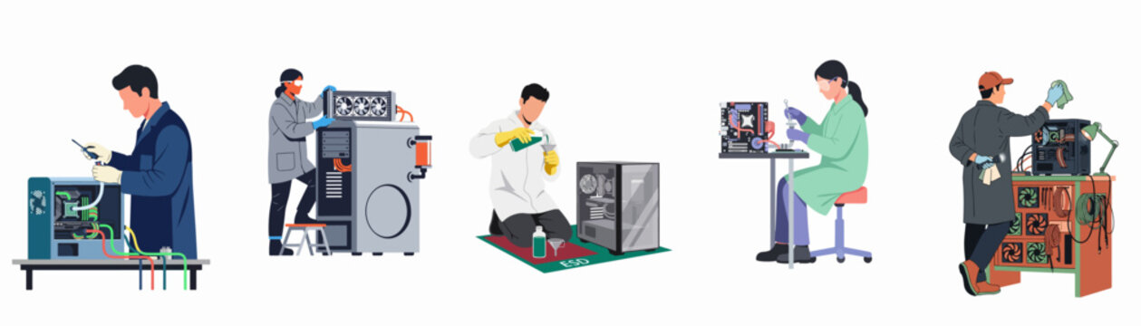 Set of flat illustrations showing professional technicians assembling and repairing high-performance custom desktop computers with advanced liquid cooling systems.