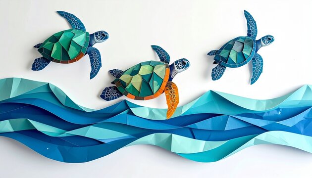 Colorful Paper Turtles Swimming in Abstract Ocean Waves.