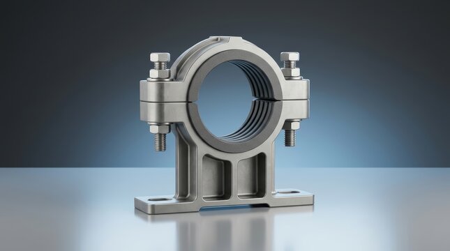 Pipe clamp 3D render, industrial hydraulic pipe holder, heavy duty line support bracket, machinery mounting clamp