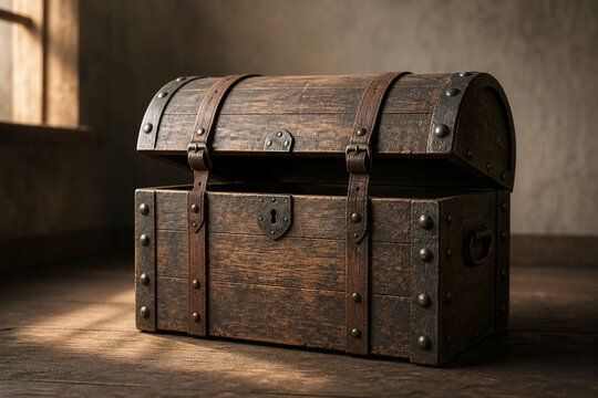Antique wooden treasure chest with iron studs slightly open on dark floor, rustic storage and mystery concept.