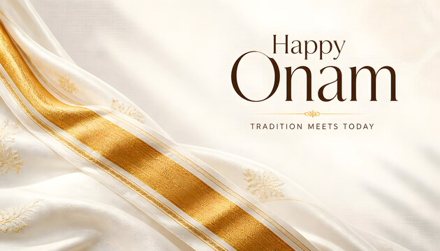 Onam celebration elegant Kasavu saree textile with traditional Kerala festive greeting design