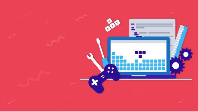 Creative Game Development Process Illustration with Laptop and Gaming Controller.
