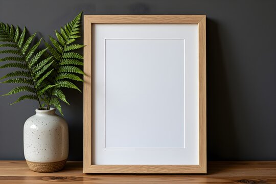 Minimalist scene with a wooden frame and ceramic vase