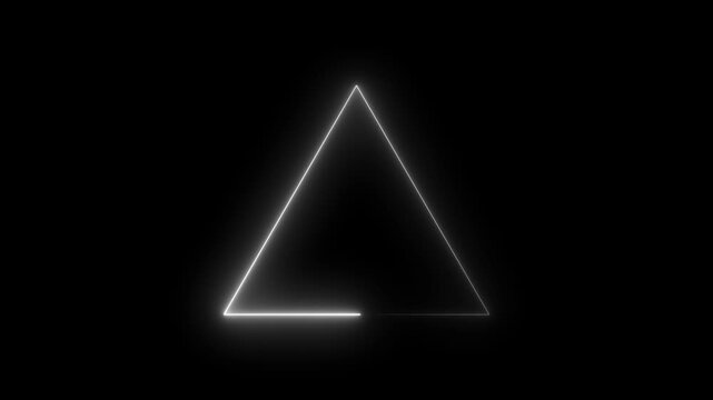 Glowing neon line white  triangle icon animation on black background.4k video