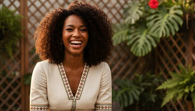 Happy beautiful black woman with natural hair smiling in warm sunlight during outdoor freedom holiday celebration for juneteenth diversity and identity concept