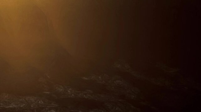 A rocky surface of an alien planet is shown in shadow. The sun sets in the background creating a warm light. The landscape has distant mountains and a texture of the terrain is visible.