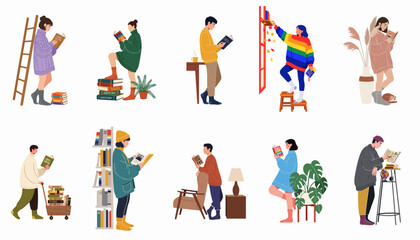 Fototapeta premium Diverse group of people reading books on LGBTQ+ history and literature in cozy indoor settings, flat vector illustration set.