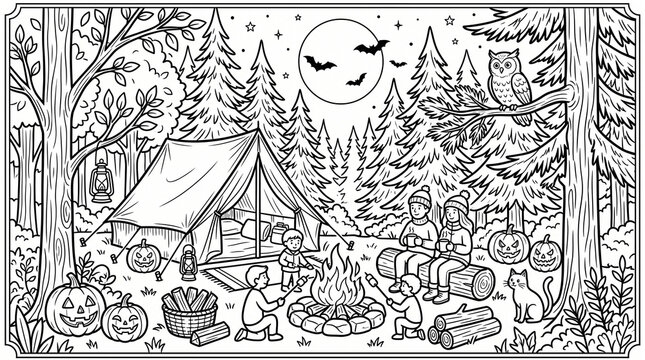 Vector illustration of a Halloween camping scene coloring page&mdash;featuring detailed black line art of a family roasting marshmallows around a campfire outside a canvas tent in a pine forest, surrounded 
