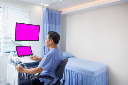 Thai Southeast Asian an ultrasound examination room, sonographer seated at the ultrasound cart, transducer in hand, curtain and examination couch behind, sonographer looking at the. Generative AI.