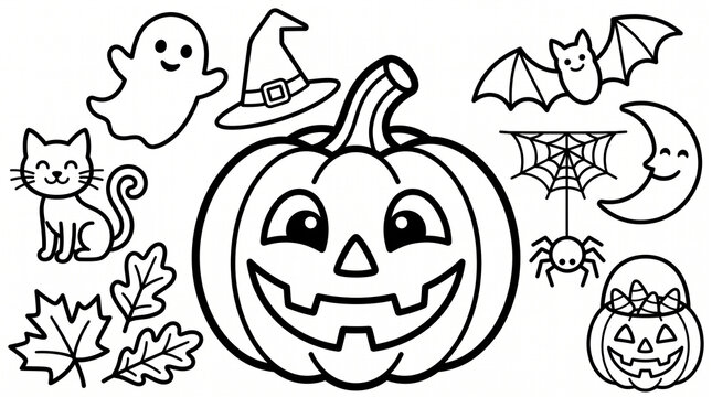 Vector illustration set of cute Halloween line art coloring icons&mdash;featuring simple black outline drawings of a happy jack-o'-lantern pumpkin, smiling ghost, witch hat, flying bat, cute cat, hanging sp