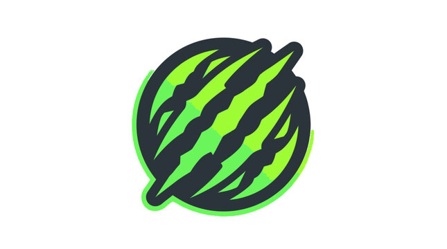 Green and black striped watermelon slice logo design.