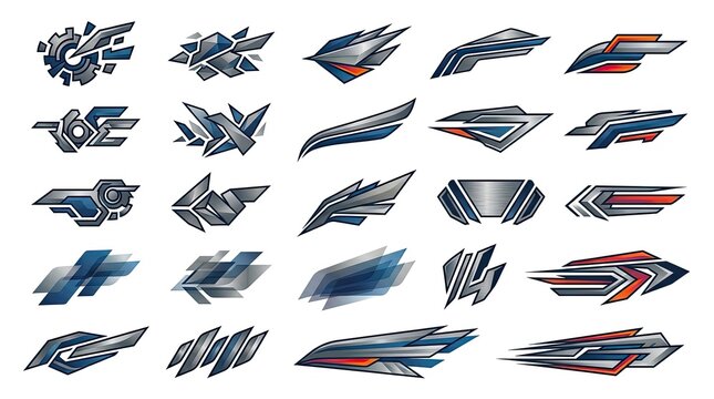 Grey and red aerodynamic tech decal collection.