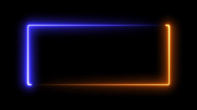 Square rectangle picture frame with two tone neon color motion graphic on isolated black background. Blue and yellow light moveing for overlay element. 4K footage video effect seamless loop