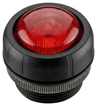 Industrial red emergency push button signal light for safety on a transparent backdrop