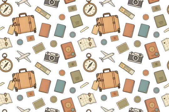 Vintage seamless pattern of travel elements with suitcase, camera, airplane, passport, map, and compass