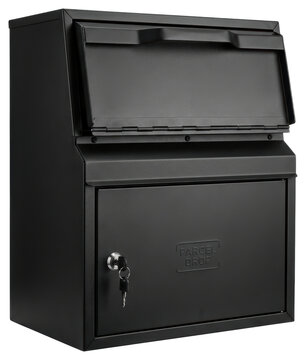 Black metal parcel drop box with secure lock mechanism isolated transparent background
