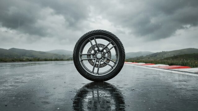 Single motorcycle wheel standing upright on a rainy asphalt racetrack under dark dramatic stormy clouds above