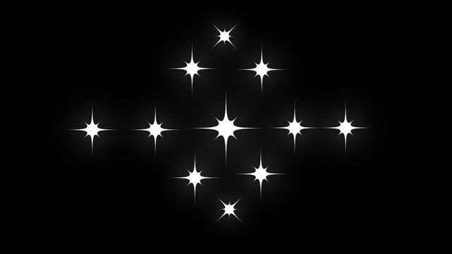 Twinkle glitter stars animation on transparent black screen, white cartoon flat vector doodle style with glowing blinking light sparkle effect, festive overlay in, 4k