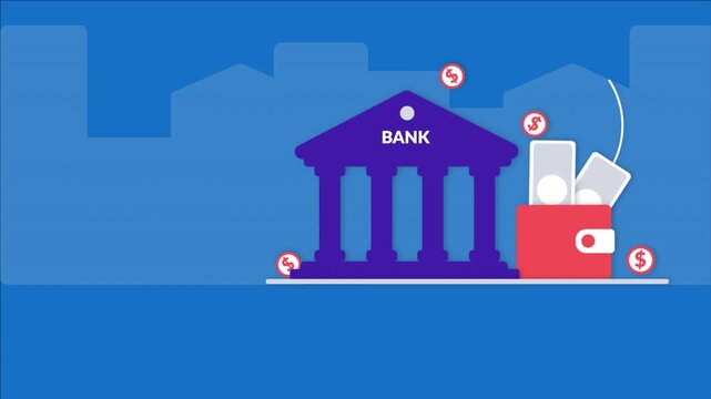 Digital Banking Financial Concept with Bank Building and Wallet Illustration.