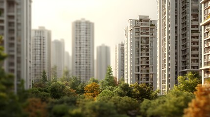 Fototapeta premium Modern Urban Landscape with Tall Buildings and Lush Green Trees
