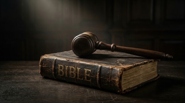 Vintage Bible Book with Wooden Gavel in Spotlight judge resting on an old holy