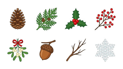 Pine cone, cedar branch, holly leaf, berry branch, mistletoe, acorn, twig, snowflake. vector icon art, white background    © Natasa Akter 