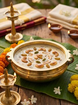 Traditional South Indian Palada Payasam served in a brass bowl on a banana leaf with lamps and flowers for Kerala's Onam festival celebration.