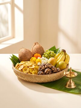Traditional Kerala Onam festival offerings featuring banana chips, jaggery sweets, coconuts, fresh fruits, flowers, and lit brass lamp in a bright minimalist setting.
