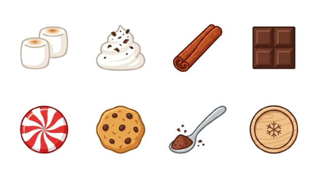 Marshmallow, whipped cream, cinnamon stick, chocolate square, peppermint candy, cookie, cocoa spoon, mug coaster. vector icon , white background 

