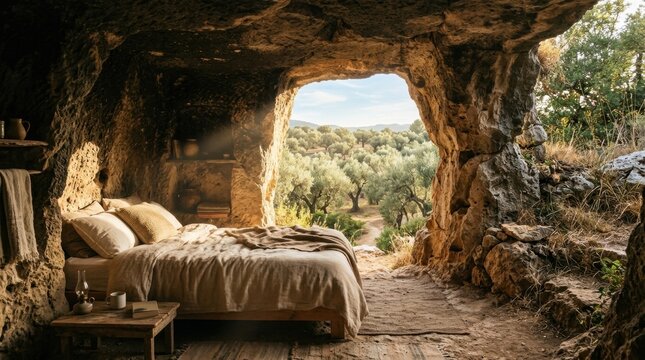 Serene Cave Interior with Bed and Olive Trees The empty tomb burial cloths