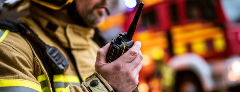 Firefighter using radio communication gear near fire truck in action  