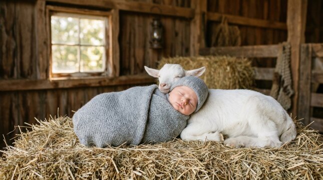 Peaceful scene of newborn baby sleeping next to infant wrapped in swaddle resting beside