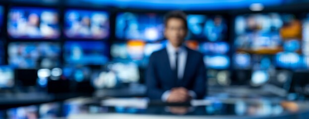Fototapeta premium News anchor man sitting at desk with multiple monitors in the blurred background 