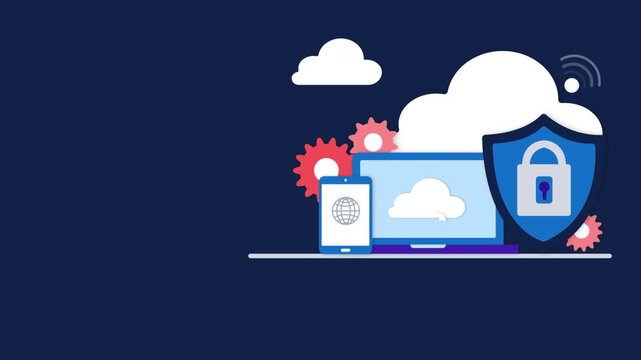 Digital cloud security concept with laptop smartphone and padlock shield.