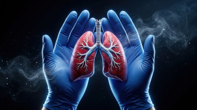 Hands in Blue Gloves Holding Model of Human Conceptual image lung health and damage depicting