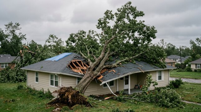 Devastation: Large fallen tree uprooted on roof, twisted Storm damage hits residential area