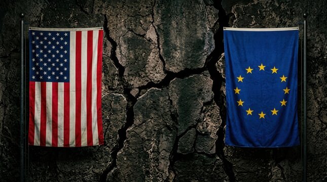 Flags of the United States and Europe Symbolizing Political tension concept with cracked usa eu