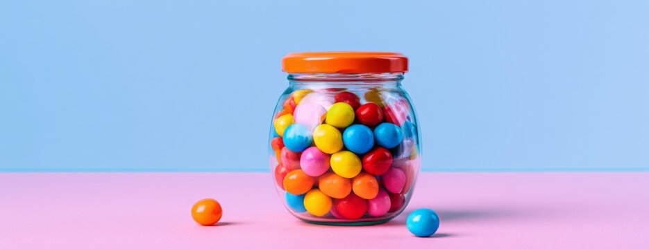 Glass jar filled with colorful candies on pastel background  