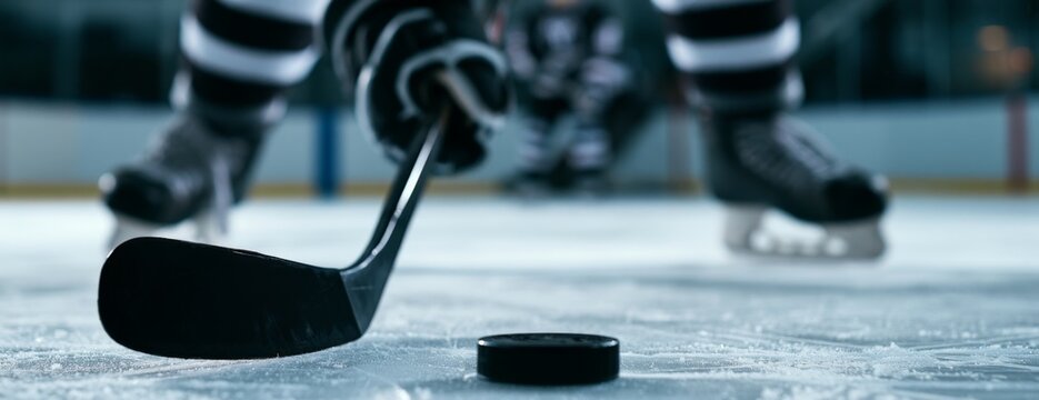 Hockey player preparing to shoot puck on ice rink during game  