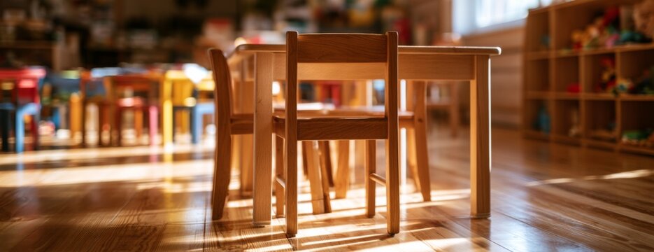 Children&rsquo;s wooden table and chairs in brightly lit kindergarten room  