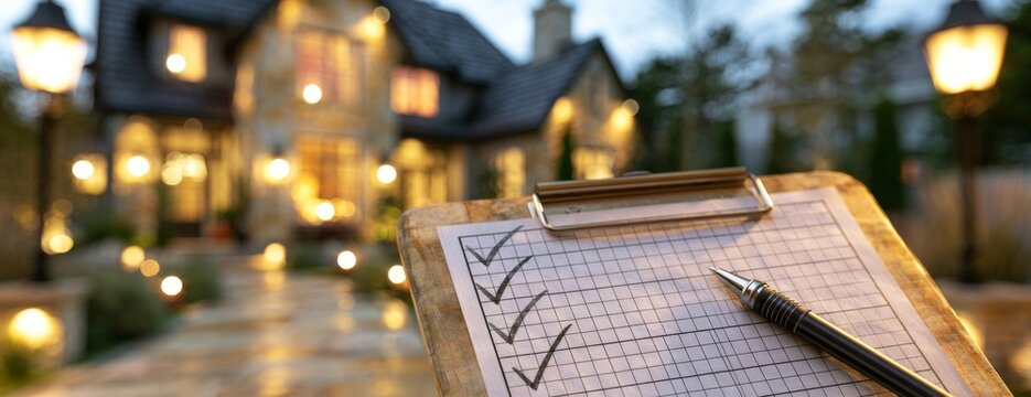 Luxurious house inspection with checklist and pen in foreground  