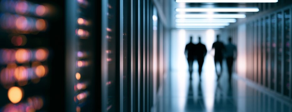 Workers walking in a high-tech server room hallway, blurred background  